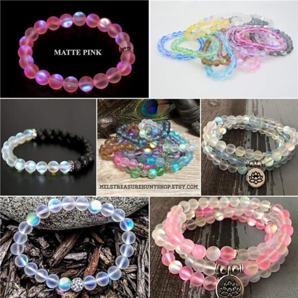 Matte Pink Aurora Crystal Glass Beads, 8MM Frosted Glitter Shining Mermaid - Picture 6 of 7